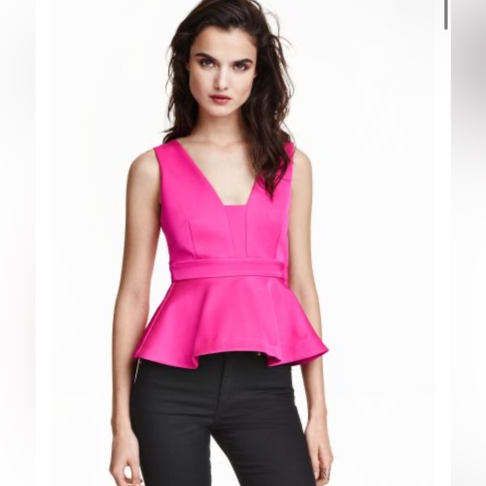 H&M | Womens Pink Satin Sleeveless Peplum V Neck Top - Size 8